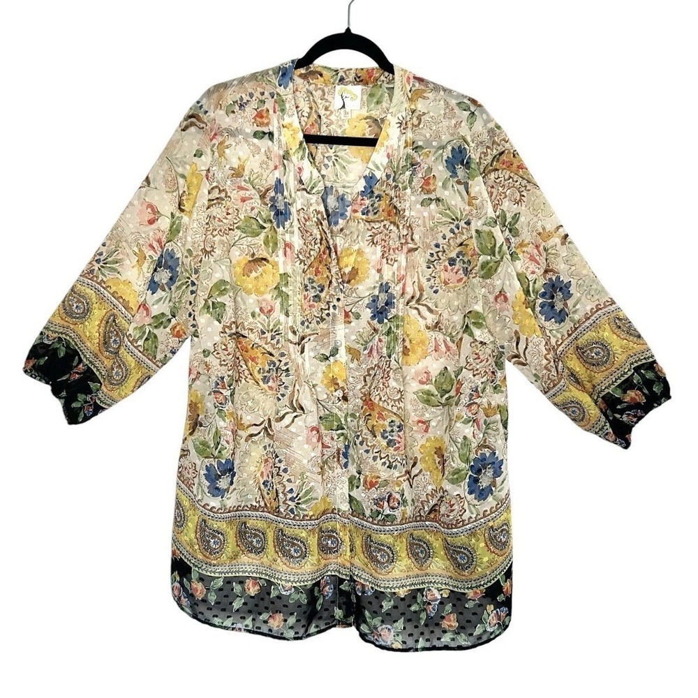 Fig and Flower 3X Floral Paisley Tunic Top Button Front Peasant Blouse Boho